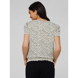 Polka Dot Textured T-Shirt With Smocked Bottom Band
