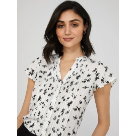 Printed Crepe Chiffon Blouse WIth Pintuck Detail
