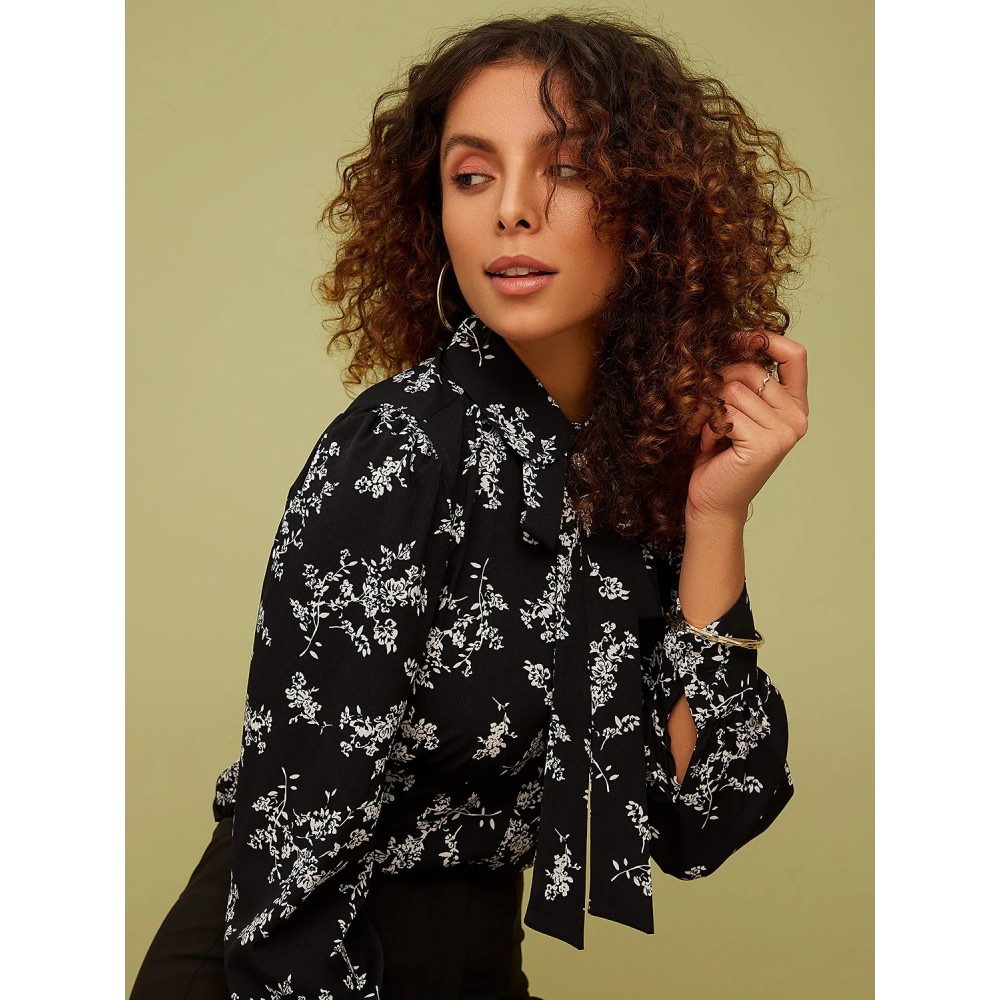 Printed Jewel Button Tie Neck Blouse