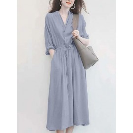 Solid Drawstring Waist Pocket Button Stand Collar Dress