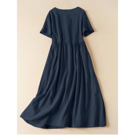 Women Solid Notched Neck Frog Button Drawstring Waist Dress