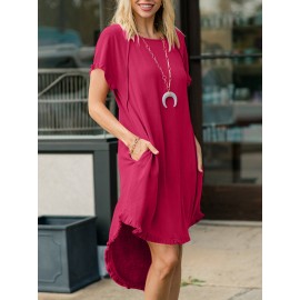Women Solid Crew Neck Ruffle Trim Casual Short Sleeve Dress