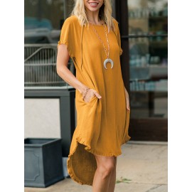 Women Solid Crew Neck Ruffle Trim Casual Short Sleeve Dress