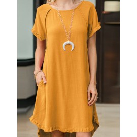Women Solid Crew Neck Ruffle Trim Casual Short Sleeve Dress