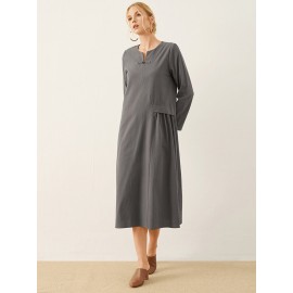 Solid Frog Button Notch Neck Long Sleeve Casual Dress