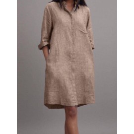 Women Plain Lapel Concealed Placket Casual Shirt Dress