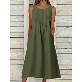 Women Solid Pleated Crew Neck Casual Sleeveless Dress