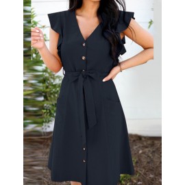 Women Solid Button Front Ruffle Cap Sleeve Dress With Belt