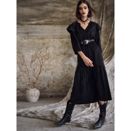 Solid V-neck Tiered 3/4 Sleeve Dress For Women