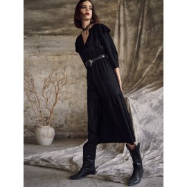 Solid V-neck Tiered 3/4 Sleeve Dress For Women
