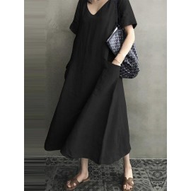 Vintage Short Sleeve V Neck Pockets Dress