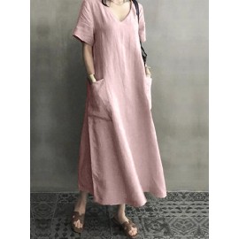 Vintage Short Sleeve V Neck Pockets Dress