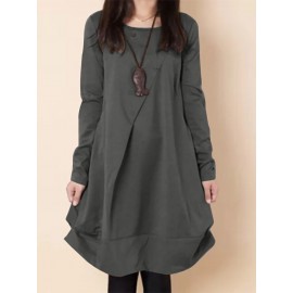 Women Solid Long Sleeve Crew Neck Casual Dress