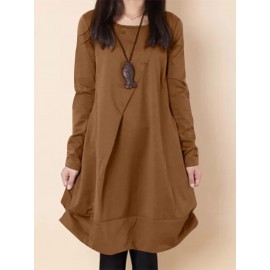 Women Solid Long Sleeve Crew Neck Casual Dress