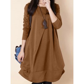 Women Solid Long Sleeve Crew Neck Casual Dress