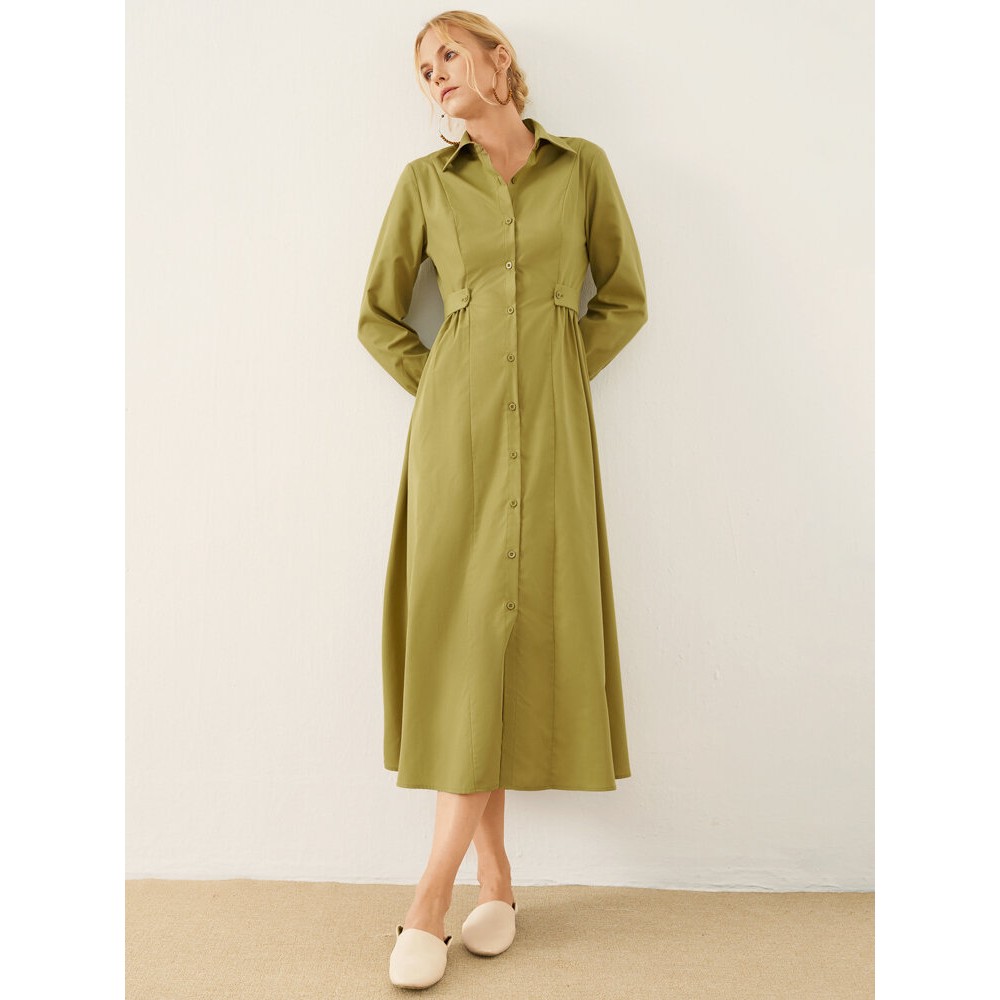 Solid Long Sleeve Button Front Lapel Shirt Dress