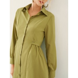 Solid Long Sleeve Button Front Lapel Shirt Dress