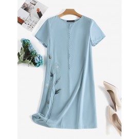 Women Floral Embroidered Crew Neck Casual Short Sleeve Dress