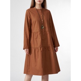 Solid Button Half Placket Long Sleeve Stand Collar Dress
