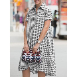 Women Gingham Plaid Lapel Half Button Short Sleeve Shirt Dress