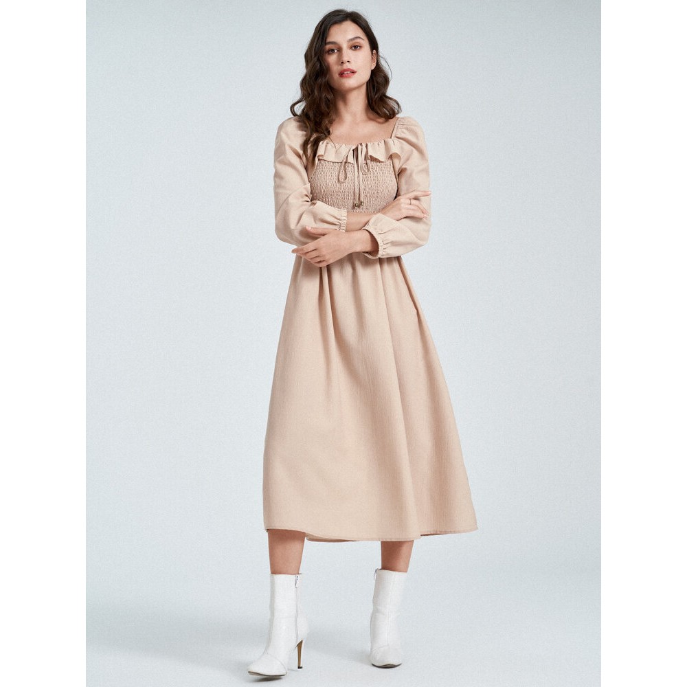Solid Shirred Tie Front Long Sleeve Square Collar Dress