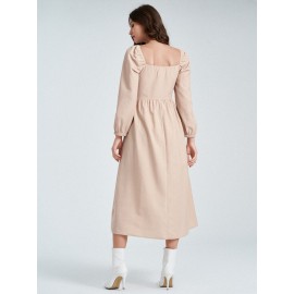 Solid Shirred Tie Front Long Sleeve Square Collar Dress