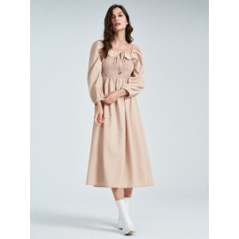 Solid Shirred Tie Front Long Sleeve Square Collar Dress