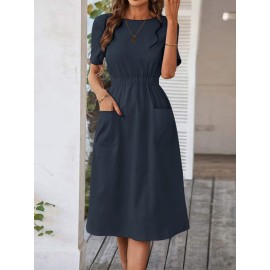 Women Solid Double Pocket Casual Short Sleeve Dress