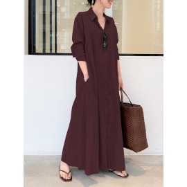 Solid Color Pocket Button Long SLeeve Casual Dress for Women
