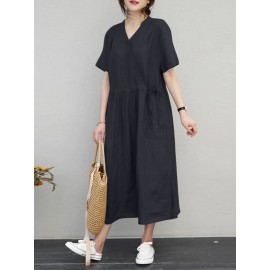 Women Solid Notched Neck Drawstring Waist Short Sleeve Dress