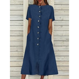 Women Solid Button Front Short Sleeve Denim Shirt Dress