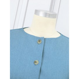 Women Solid Button Front Short Sleeve Denim Shirt Dress