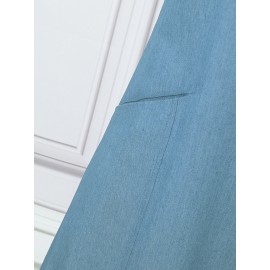 Women Solid Button Front Short Sleeve Denim Shirt Dress