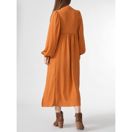 Solid Slit Tie Front Long Sleeve V-neck Casual Dress