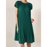 Women Solid Pleated Crew Neck Casual Short Sleeve Dress