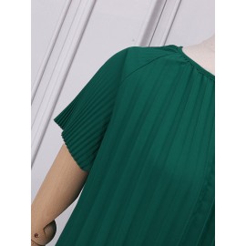 Women Solid Pleated Crew Neck Casual Short Sleeve Dress