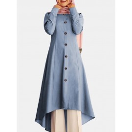 Solid Color Button Curved Hem Casual Muslim Dress for Women