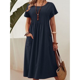 Women Solid Pleated Crew Neck Double Pocket Casual Dress
