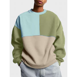 Mens Color Block Patchwork Crew Neck Loose Pullover Sweatshirts