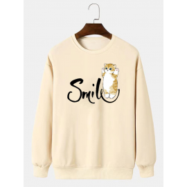 Mens Smile Cat Print Crew Neck Casual Pullover Sweatshirts