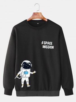 Mens Cartoon Astronaut Print Crew Neck Loose Pullover Sweatshirts