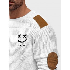 Mens Smile Embroidered Contrast Patchwork Crew Neck Pullover Sweatshirts Winter
