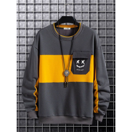 Mens Smile Face Print Patchwork Crew Neck Pullover Sweatshirts Winter