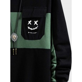 Mens Smile Face Print Patchwork Crew Neck Pullover Sweatshirts Winter