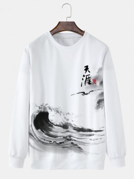 Mens Chinese Ink Painting Print Crew Neck Pullover Sweatshirts Winter
