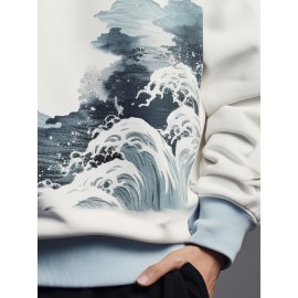 Mens Japanese Wave Ukiyoe Print Crew Neck Pullover Sweatshirts