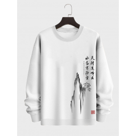 Mens Chinese Mountain Ink Print Crew Neck Pullover Sweatshirts