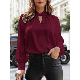 Women Satin Keyhole Neck Plain Casual Long Sleeve Blouse