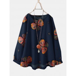 Calico Print O-neck Long Sleeve Casual Blouse For Women
