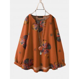 Calico Print O-neck Long Sleeve Casual Blouse For Women